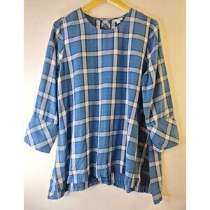 J JILL Plaid Pop Over Tunic Top Sz L Back Button 3/4 Sleeves Loose Flowy Mature